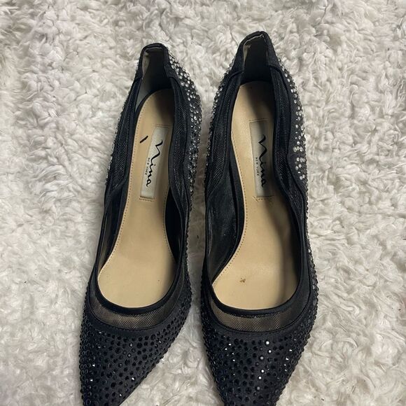 NINA RYOKO FABRIC BLACK CRYSTAL EMBELLISHED SLIP ON HEELS SZ8.5M - Picture 7 of 10